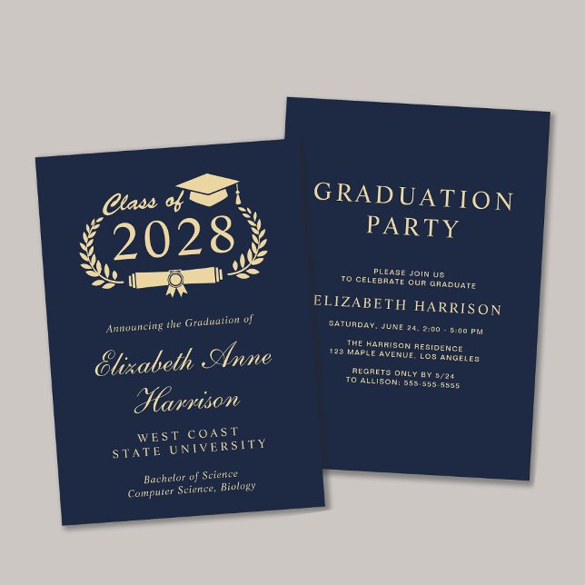 Convites Festa de Formandos Azul de Script Elegante (An elegant college graduation party invitation to celebrate the graduate's achievements)