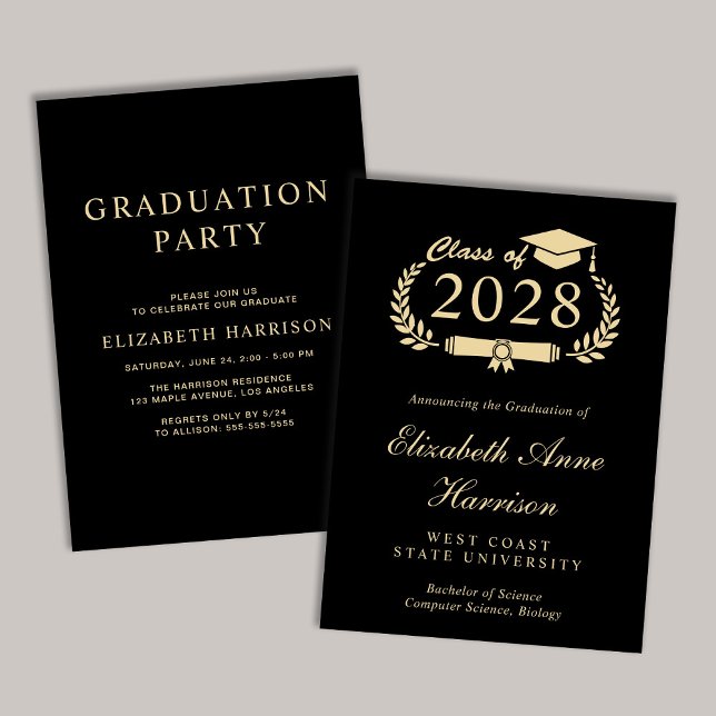 Convites Festa de Formandos Preto de Script Elegante (An elegant college graduation party invitation to celebrate the graduate's achievements)