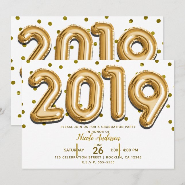 Convites FESTA DE FORMATURA 2019 Balões Dourados com Confet (Frente/Verso)