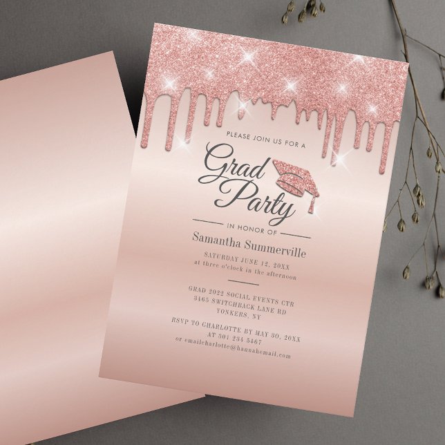 Convites Festa de Formatura 2026 Formatura Elegante (Graduation Party 2025 Rose Gold Drip Grad Invitation)