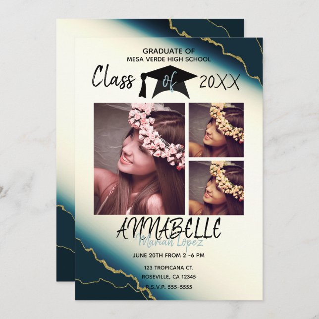 Convites Festa de formatura 3 de Agate Azul Dourado (Frente/Verso)