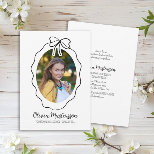 Convites Festa de formatura Aberta de Foto do Arco Esmaecid (Cute line-art bow and frame graduation party photo invitation)