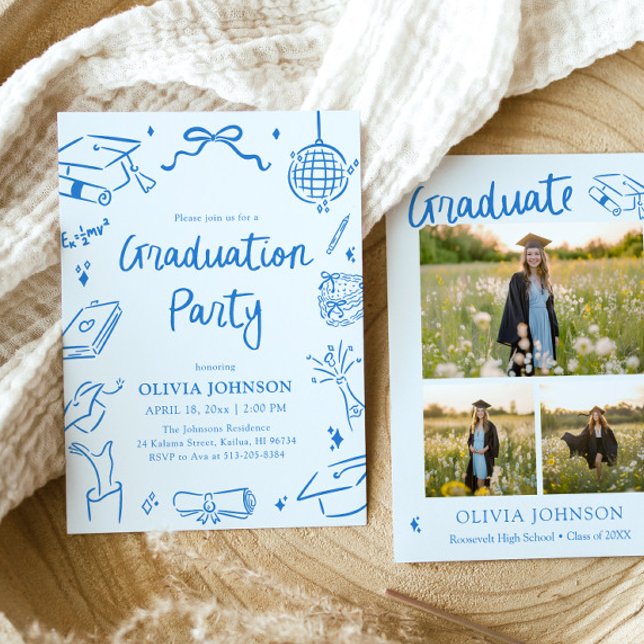 Convites Festa de Formatura Azul Desenhada à Mão Caprichosa (Modern Whimsical Hand Drawn Blue Graduation Party Invitation)