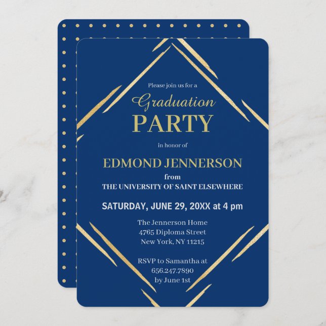 Convites Festa de formatura Azul Elegante Moderno Dourada 2 (Frente/Verso)