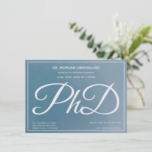 Convites Festa de formatura azul grau PhD (Em pé/Frente)