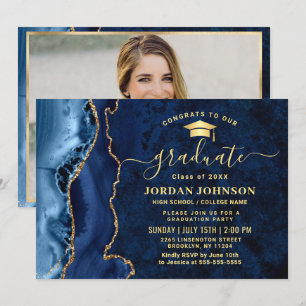 Convites Festa de formatura azul mármore do Marinho modern