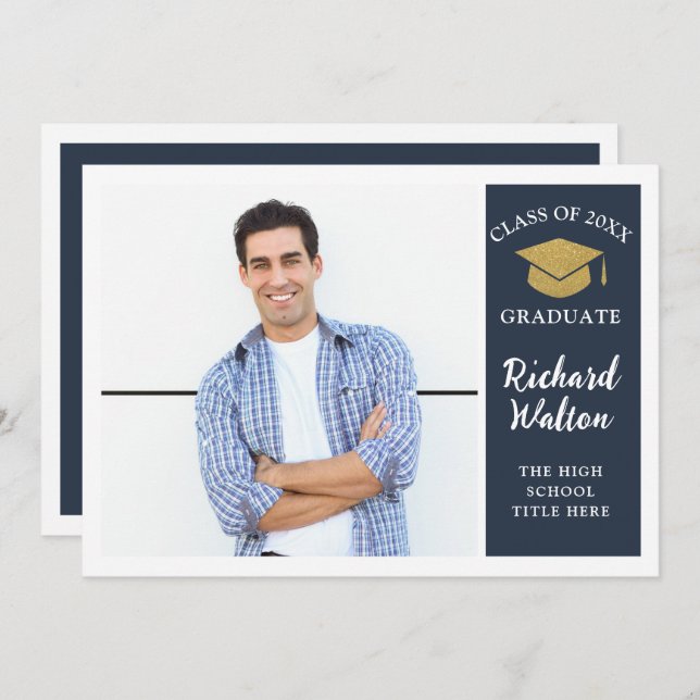 Convites Festa de formatura azul Na moda simples e fotograf (Frente/Verso)
