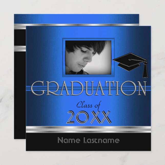 Convites Festa de formatura Black Silver Blue Photo Boy (Frente/Verso)