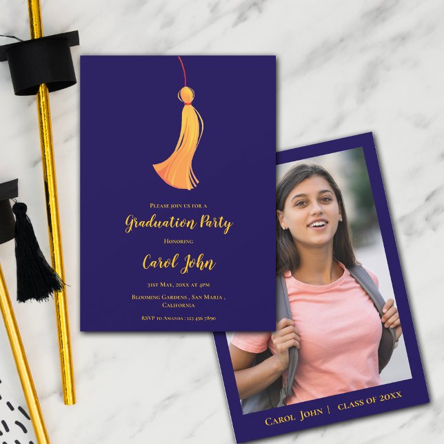 Convites Festa de formatura Blue Dourada Tassel Cute 2025 (Blue Gold Tassel Cute Photo 2025 Graduation Party Invitation)