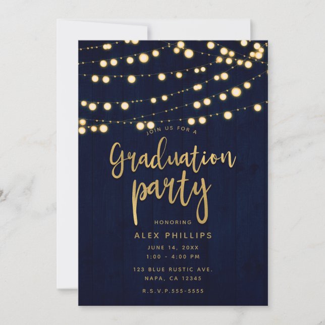 Convites Festa de Formatura Blue Gold Rustic Wood & Lights (Frente)