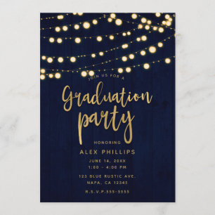 Convites Festa de Formatura Blue Gold Rustic Wood & Lights