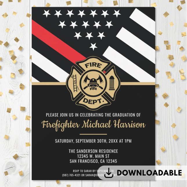Convites Festa de formatura Bombeiro da Academia de Bombeir (Firefighter Graduation Red Line Flag Fireman Invitations)