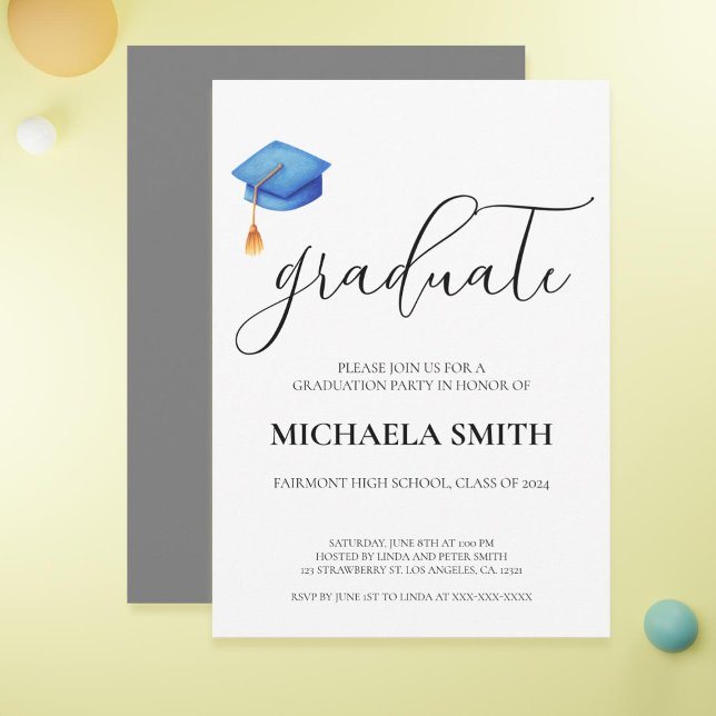 Convites Festa de formatura Boné azul moderna (Cute Modern Blue Cap High School Graduation Party Invitation)
