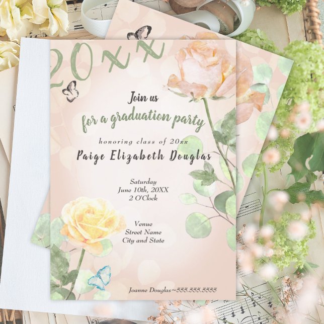 Convites Festa de formatura Botânica de Pêssego Dusty (peach pink eucalyptus green girls graduation party invitation botanical rose light green dusty peach)