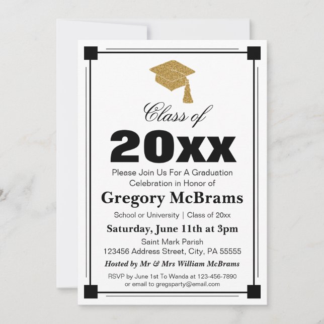 Convites Festa de formatura branca do estilo Art Deco (Frente)