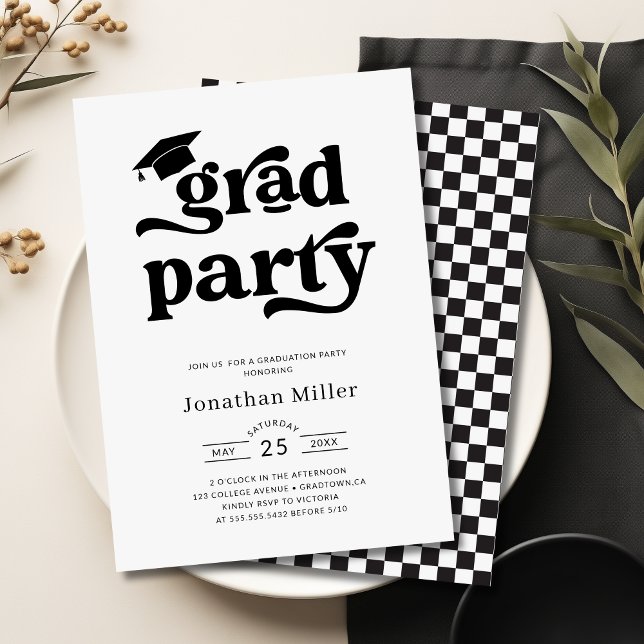 Convites Festa de formatura branca e preto retrô simples (Simple Retro Black and White Graduation Party Invitation)