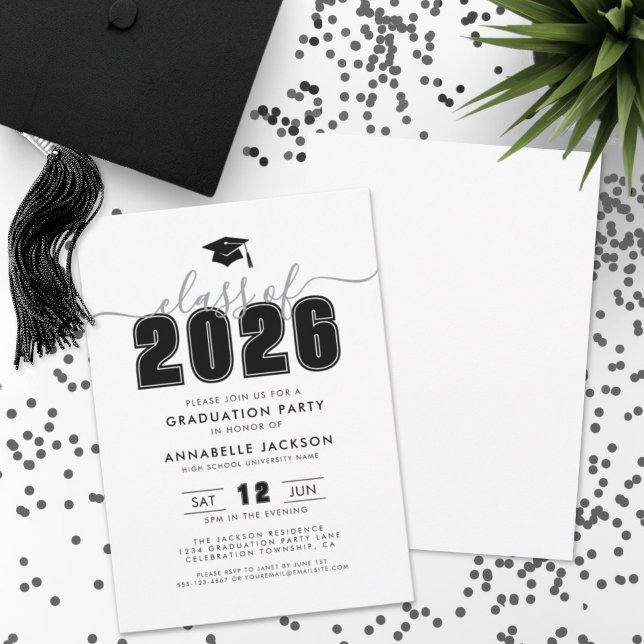 Convites Festa de formatura Branca Negra Moderna Simples (Simple Modern Black White Graduation Party Invitation)