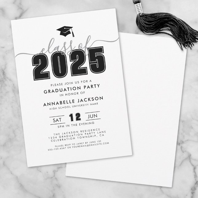 Convites Festa de formatura Branca Negra Moderna Simples (Simple Modern Black White Graduation Party Invitation)