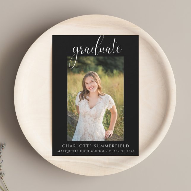 Convites Festa de formatura Branca Preta de Foto Script (Criador carregado)