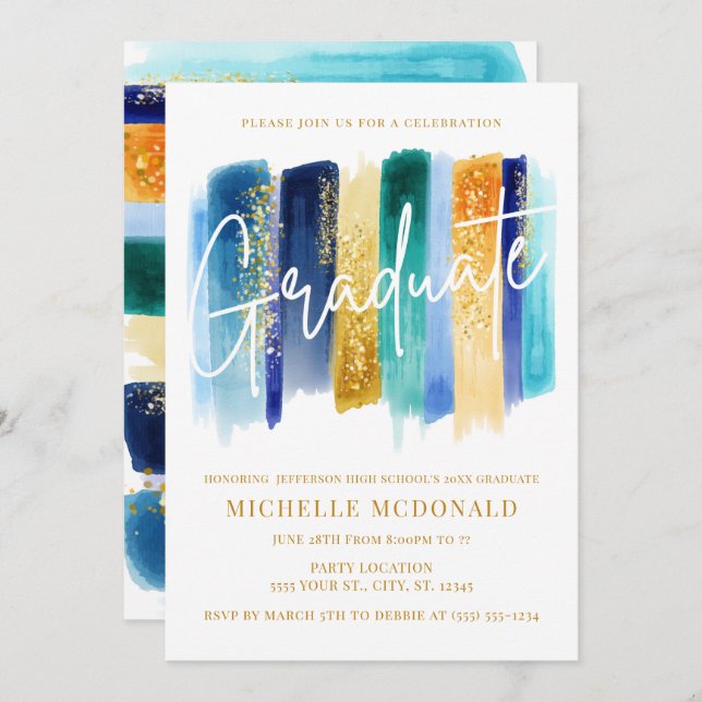Convites Festa de formatura brilhante azul e Dourada (Frente/Verso)