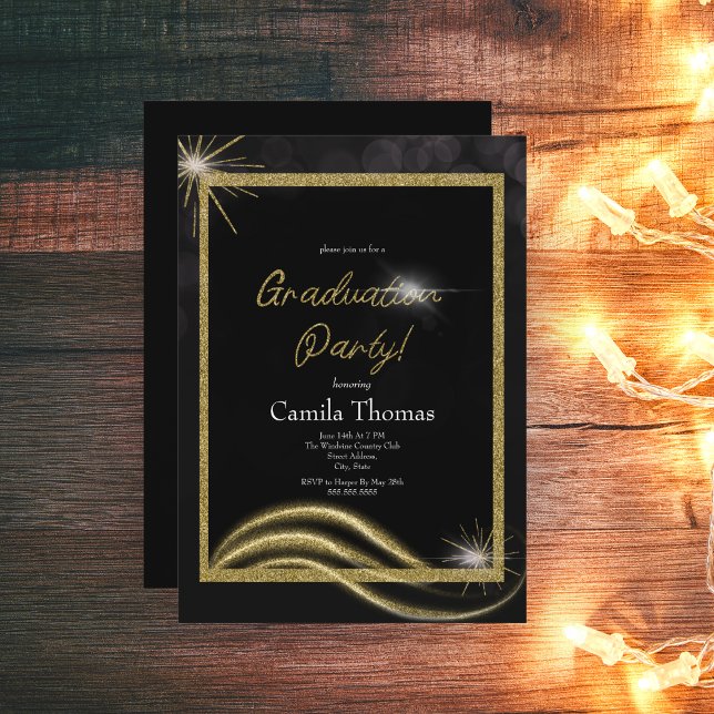 Convites Festa de Formatura Brilhante Chic Script Dourado  (Criador carregado)