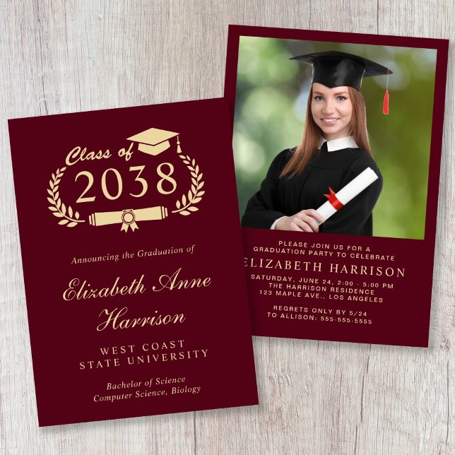 Convites Festa de Formatura Burgundy com Letra Dourada em F (Formal Photo Gold Script Burgundy Graduation Party Invitation)