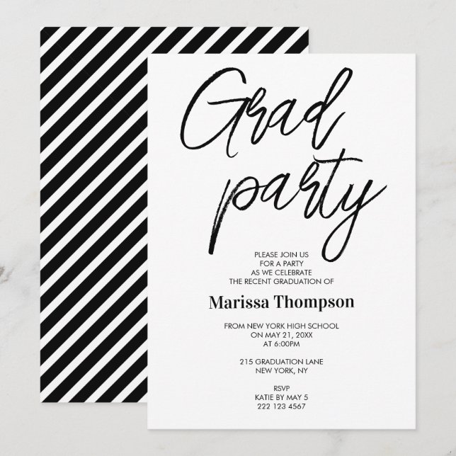 Convites Festa de formatura Chic Modern Black White Strips (Frente/Verso)