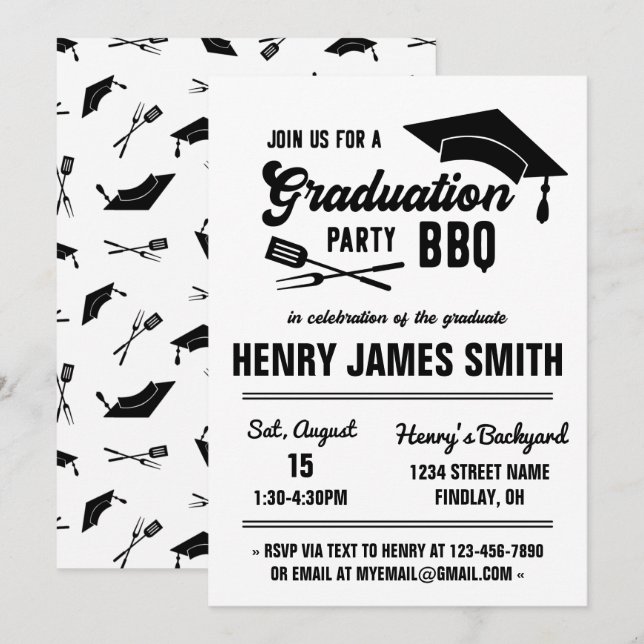 Convites Festa de Formatura Churrasco Preto e Branco, Neutr (Frente/Verso)