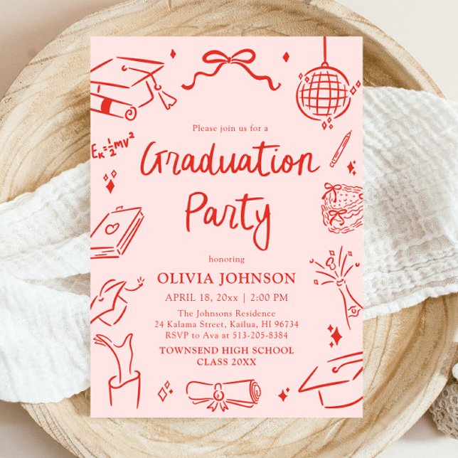 Convites Festa de Formatura com Arco Desenhado à Mão Capric (Modern Whimsical Hand Drawn Bow Graduation Party Invitation)