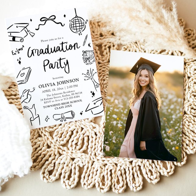 Convites Festa de Formatura com Arco Desenhado à Mão Capric (Modern Whimsical Hand Drawn Bow Graduation Party Invitation)