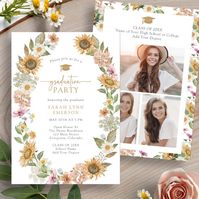 Convites Festa de Formatura com Flores (Watercolor Floral Graduation Party Invitation with Photo Collage by Painted Paperie
)