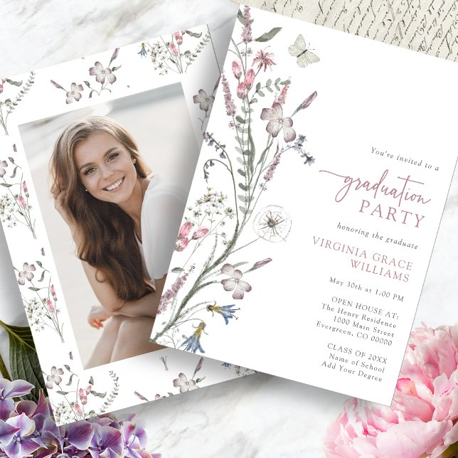 Convites Festa de Formatura com Flores Silvestres (Wildflower Graduation Party Invitation Butterfly with Picture by Painted Paperie
)
