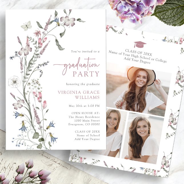 Convites Festa de Formatura com Flores Silvestres em Aquare (Watercolor Wildflower Graduation Party Invitation Pictures on back by Painted Paperie
)