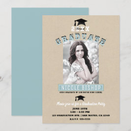 Convites Festa de Formatura com Foto Azul Kraft Minimalista