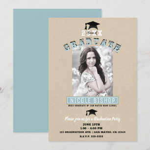 Convites Festa de Formatura com Foto Azul Kraft Minimalista