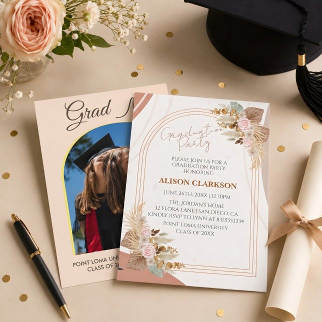 Convites Festa de Formatura com Foto Boho Neutra Personaliz (Graduation party invitation 🎓)