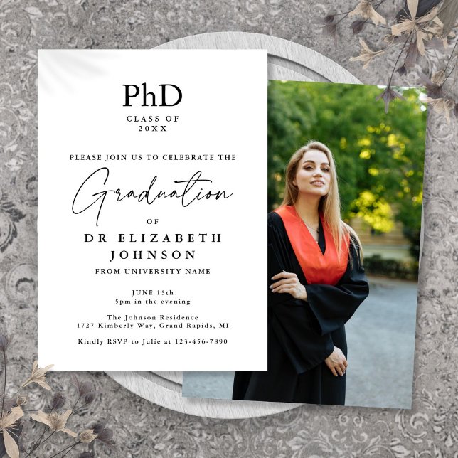 Convites Festa de Formatura com Foto de Doutorado em Script (Elegant Script PhD Degree Photo Graduation Party Invitation)