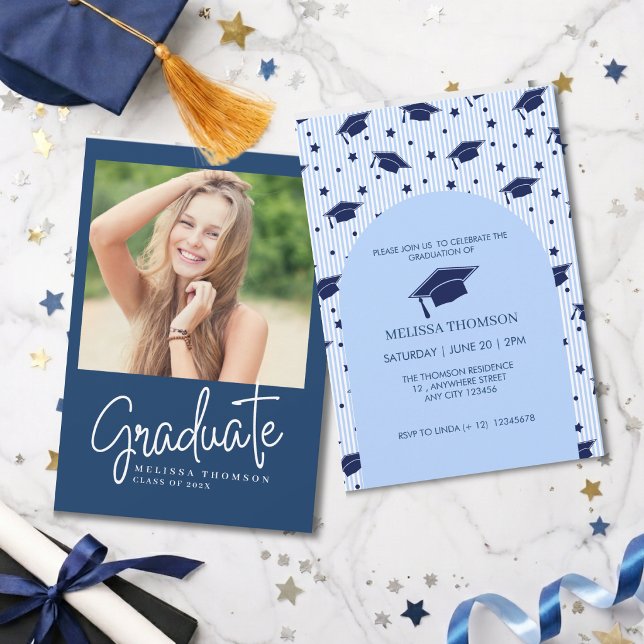 Convites Festa de Formatura com Foto de Roteiro Branco Azul (Criador carregado)