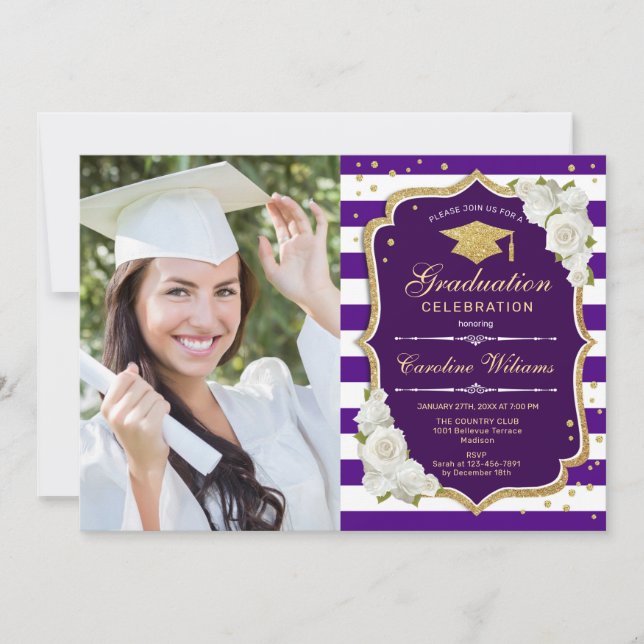 Convites Festa de formatura com foto - Dourado branco roxo (Frente)