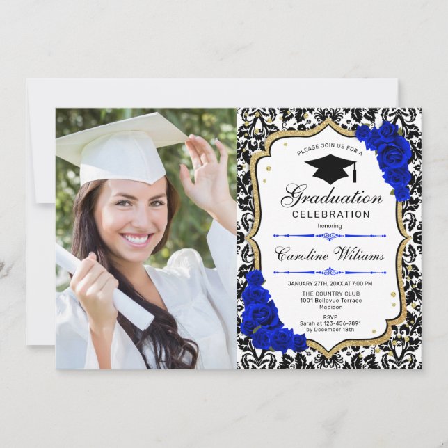 Convites Festa de formatura com foto - Dourado Royal Blue (Frente)