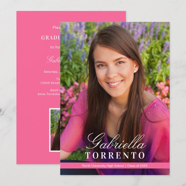 Convites Festa de Formatura com Foto em Rosa - Grafia Elega (Frente/Verso)