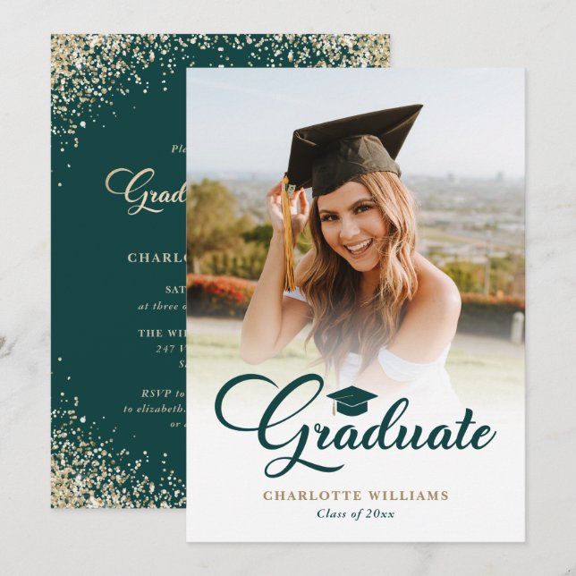 Convites Festa de Formatura com Foto em Verde e Dourado (Frente/Verso)