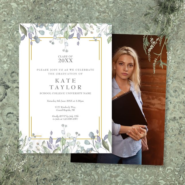 Convites Festa de Formatura com Foto Floral de Greenery Ele (Elegant Greenery Floral Photo Graduation Party Invitation)