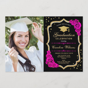Convites Festa de formatura com foto - preto Dourado rosa q