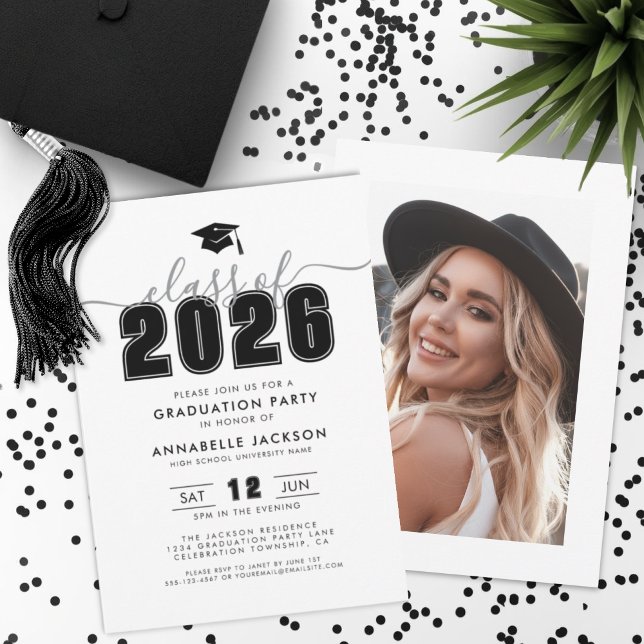 Convites Festa de Formatura com Foto Preto e Branco (Black White Photo Graduation Party Invitation)