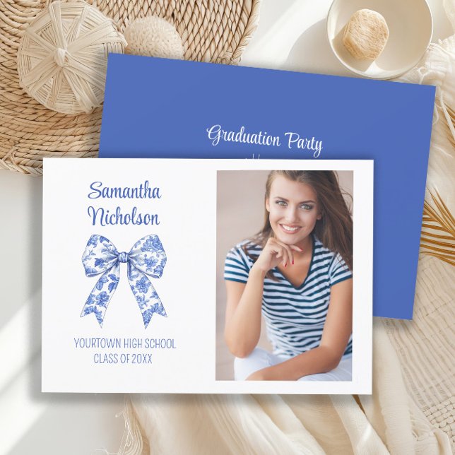 Convites Festa de Formatura com Laço Azul e Branco Foto (Blue bow graduation party photo invitation)