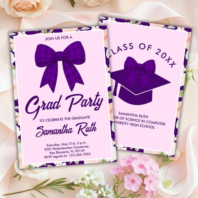 Convites Festa de Formatura com Laço Xadrez Roxo de Flor Si (Criador carregado)
