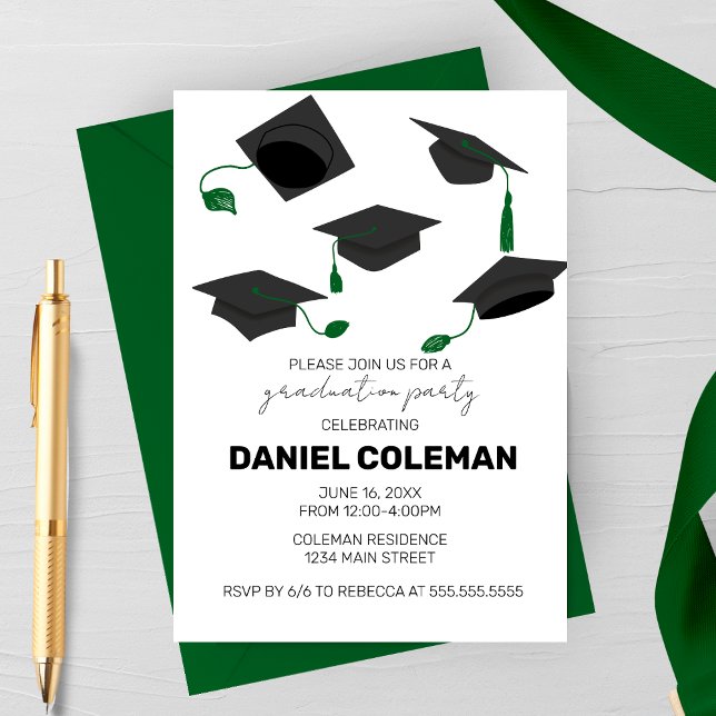 Convites Festa de Formatura com Lançamento de Capelo Modern (Green Tassel Hat Toss Graduation Party invitation)