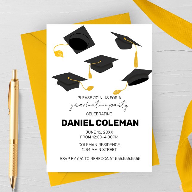 Convites Festa de Formatura com Lançamento de Capelo Modern (Yellow Tassel Hat Toss Graduation Party invitation)