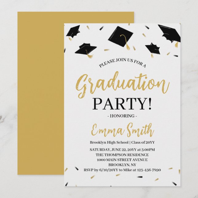 Convites Festa de Formatura com Letra Dourada Moderna (Frente/Verso)